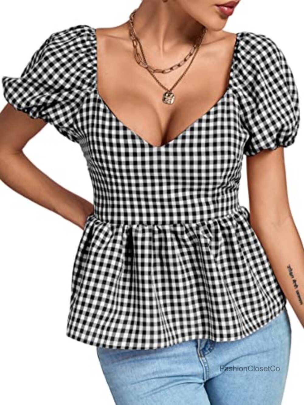 Women's V Neck Ruffle Hem Shirred Back Short Sleeve Peplum Top Blouse